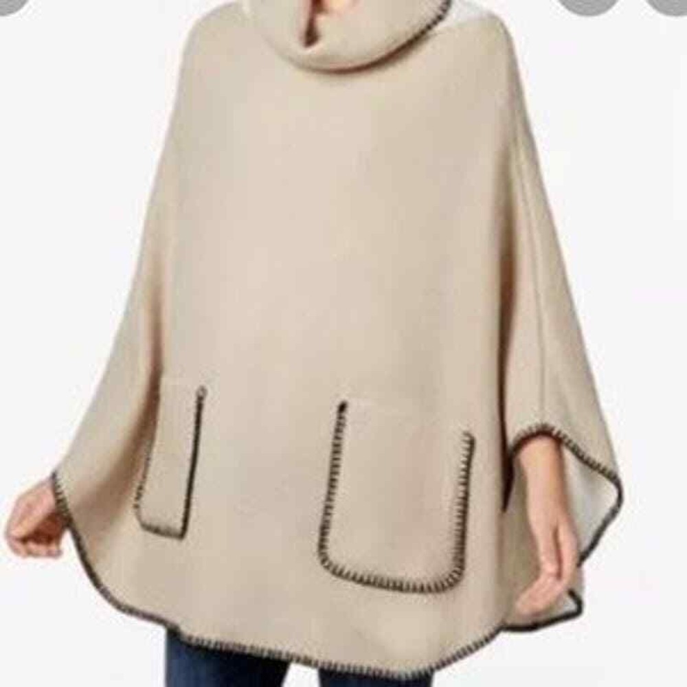 NWOT Steve Madden Oatmeal Beige Cowl Neck Poncho Black Whipstitch OSFM Cozycore